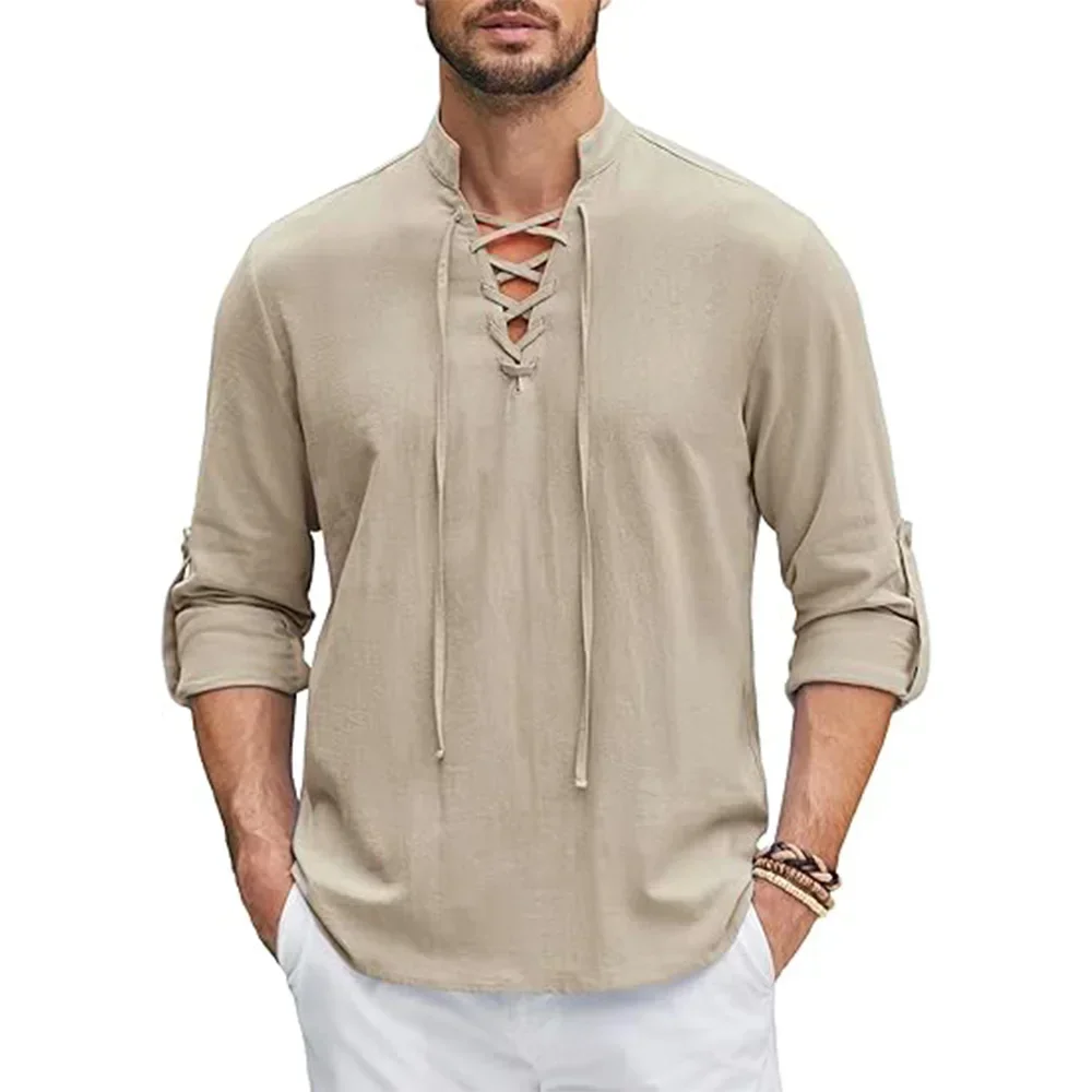 New Men's Casual Blouse Cotton Linen Shirt Tops Long Sleeve Tee Shirt Spring Autumn Slanted Placket Vintage Yoga Shirts