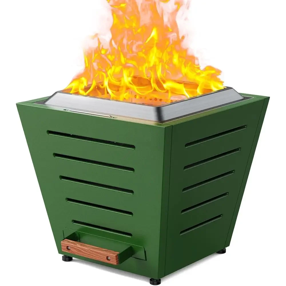 20 Inch Stainless Steel Portable Outdoor Wood Burning Fire Pit with Pull-Out Ash Tray and Handles, Green