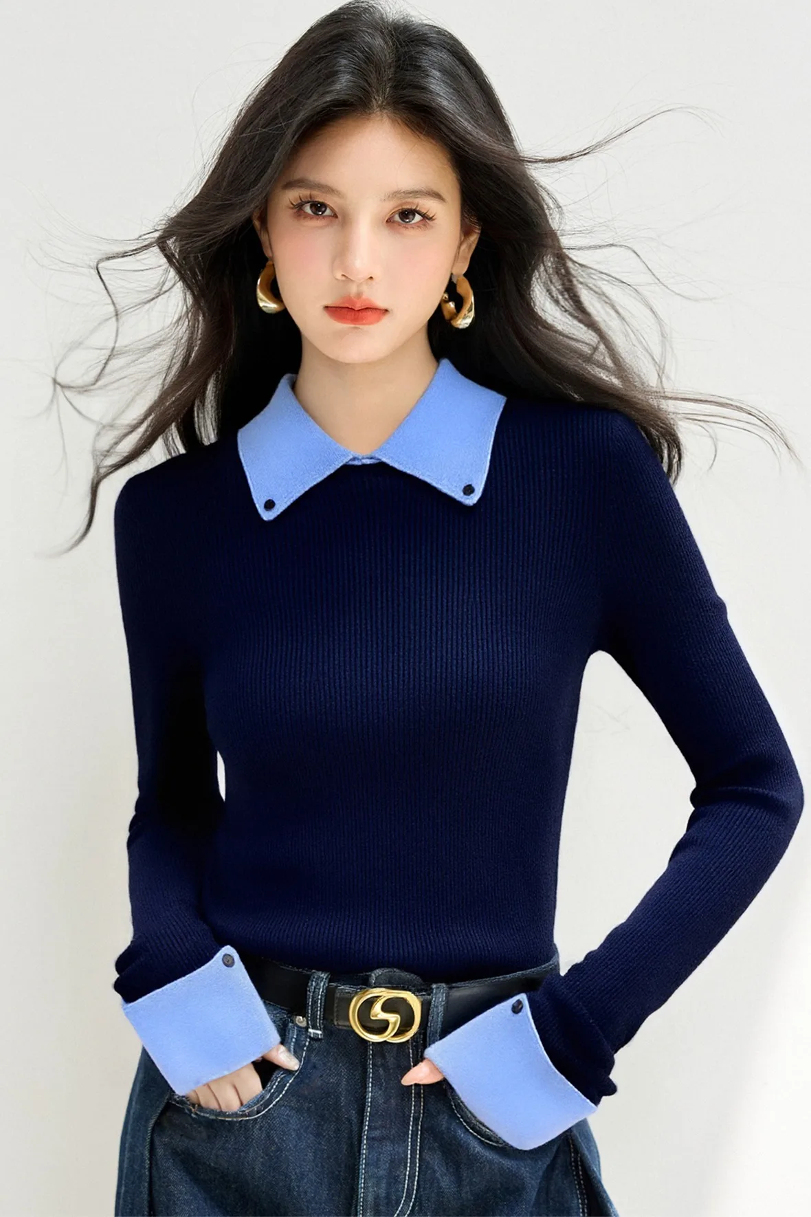 

Fake Two Shirts Collar Sweater Women's Autumn Outfit New Lazy Linterior Contrasting Color Knit Sweater Top With Flip Collar
