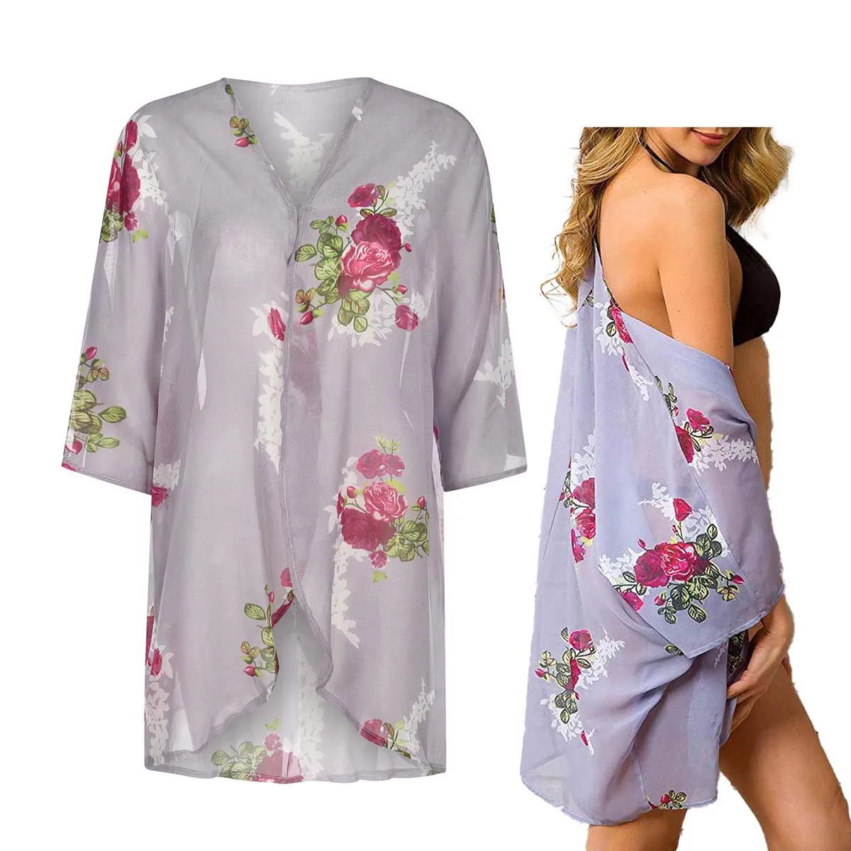 Cardigans kimono de chiffon transparente solto feminino praia nadar blusa casual