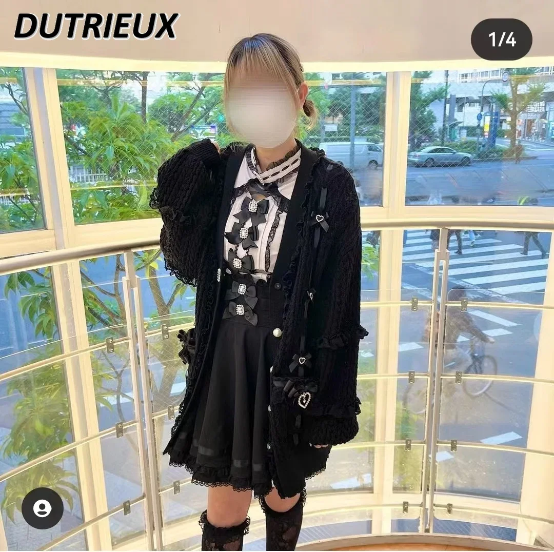 Suéter japonés de manga larga con cuello en V y bolsillo tejido hueco para niñas dulces cárdigan de punto de un solo pecho con lazo versátil