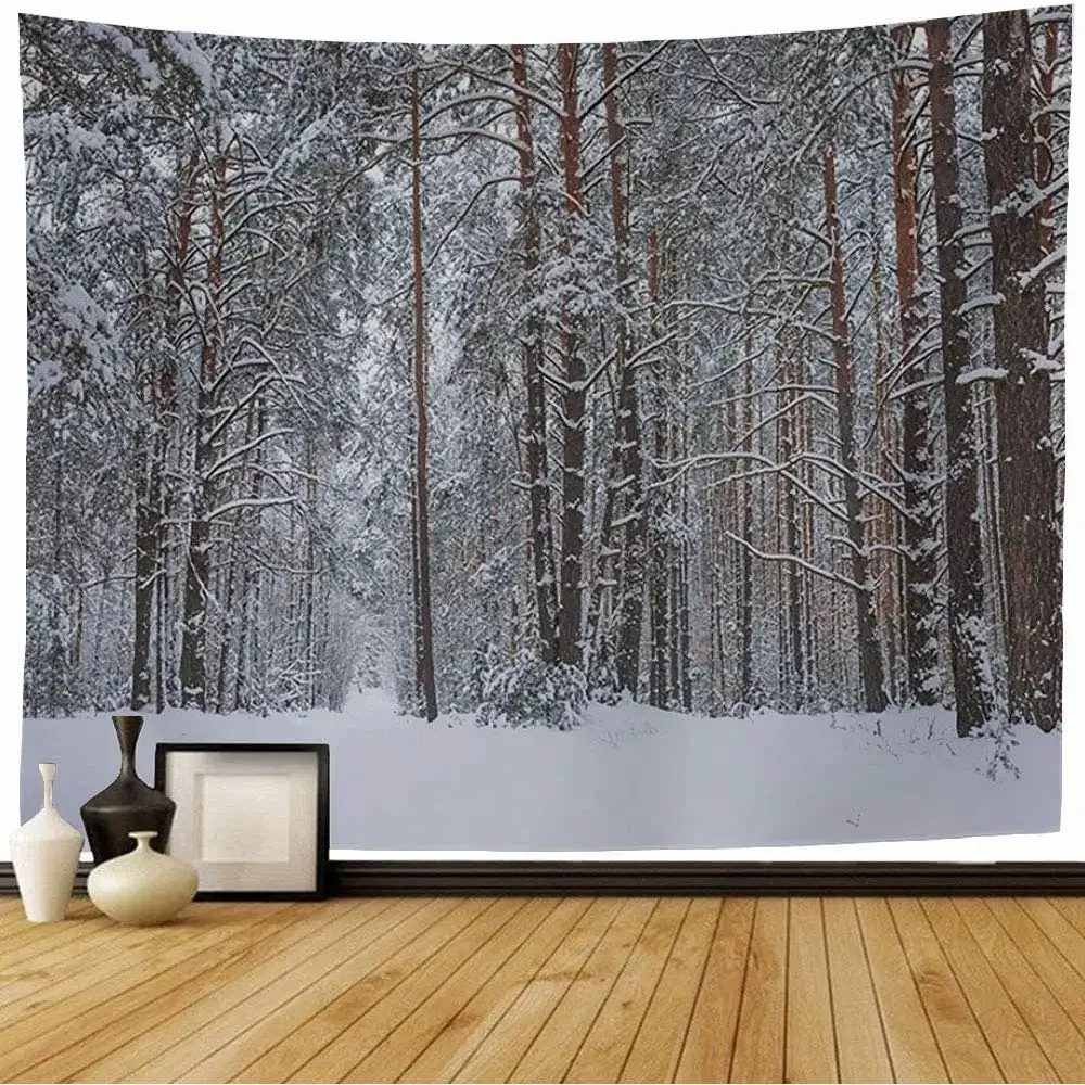 Winter Snow Forest Tapestry White Snowy Mountain Woodland Winter Scene Tapestry Wall Hanging Decor for Bedroom Living Room Dorm