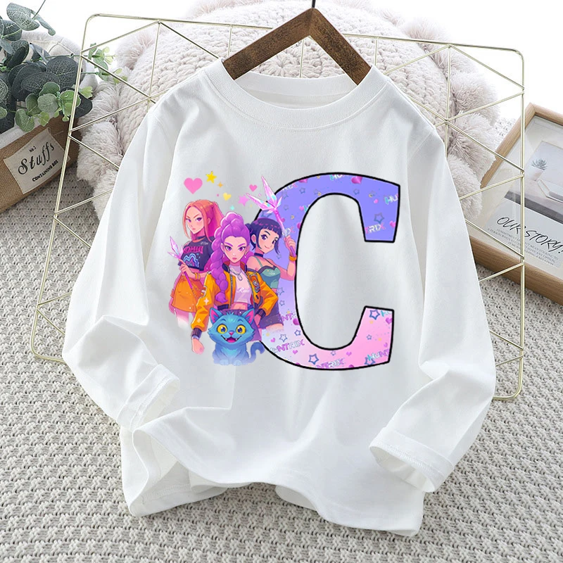 KPop شيطان الصيادين تي شيرتات طويلة الأكمام للفتيات الكرتون رسالة تي شيرت مطبوع الأطفال الخريف الحلو لطيف ملابس الاطفال الهدايا #4