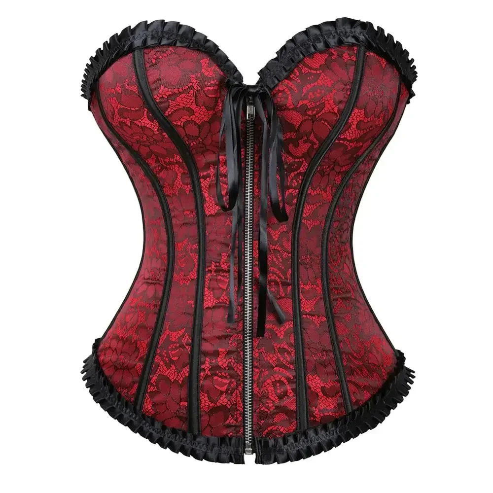 

Women's Corset Zipper Front Corsets Vintage Basque Plus Size Satin Flower Print Bustier Top Vintage Korsett Exotic Style Costume
