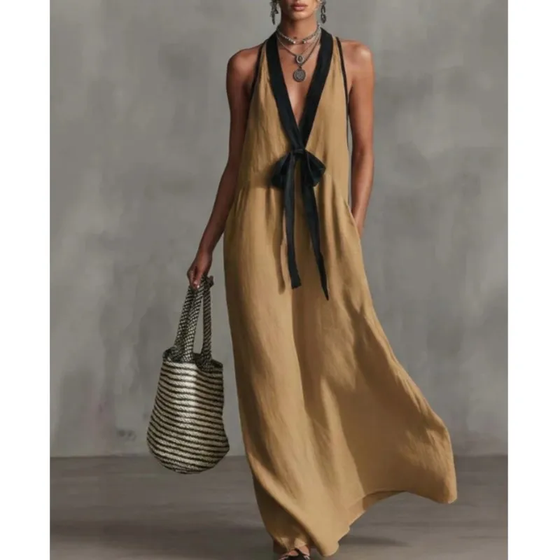 Boho Women's Maxi Tank Dress 2026 Summer New  Fashion Elegant Colorblock Deep V-neck Sleeveless Lace-Up Loose Dresses For Women
