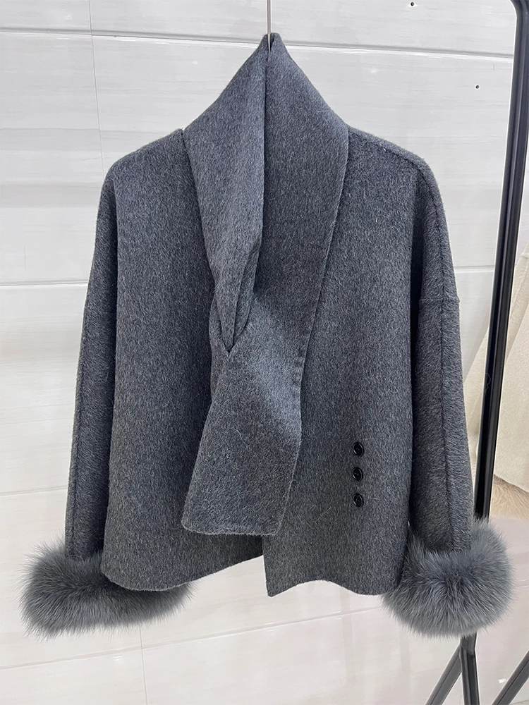 2024 Autumn Lady Overcoats Fox Fur Cuff Cashmere Wool Jacket Long Sleeve Woolen Coat Beautiful Women's Clothing Jacket