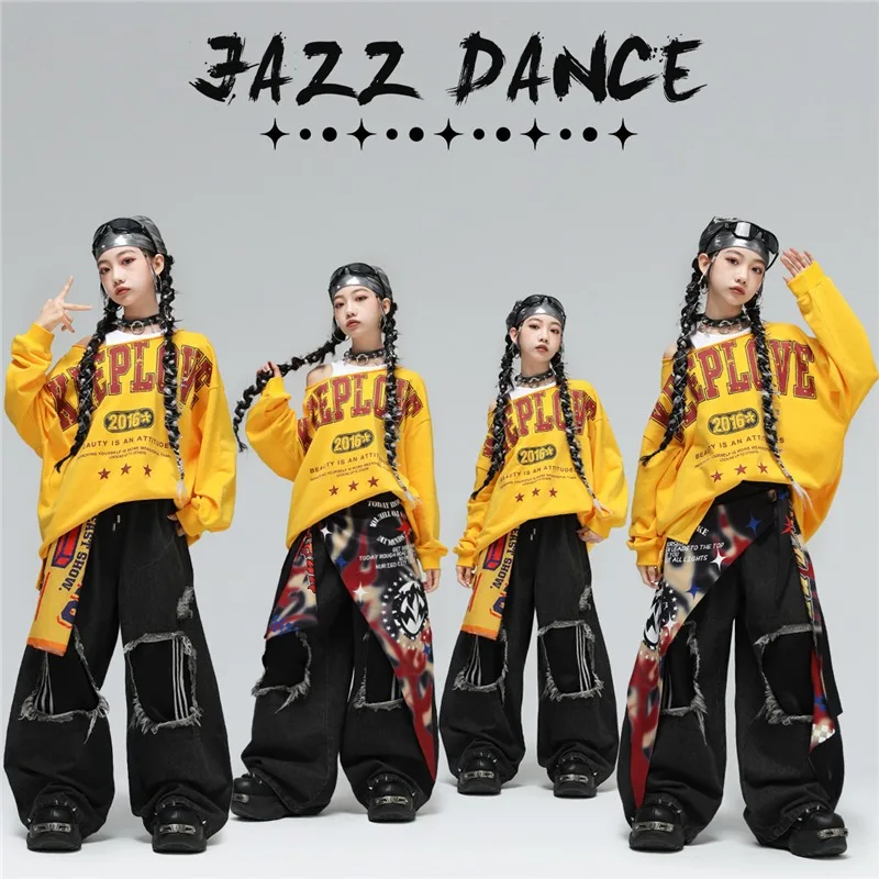 Hip Hop Girls K-pop Crop Top Letters Sweat Pants Kids Streetwear Costume Children Teens Jazz Girl Group Street Dance Clothes Set