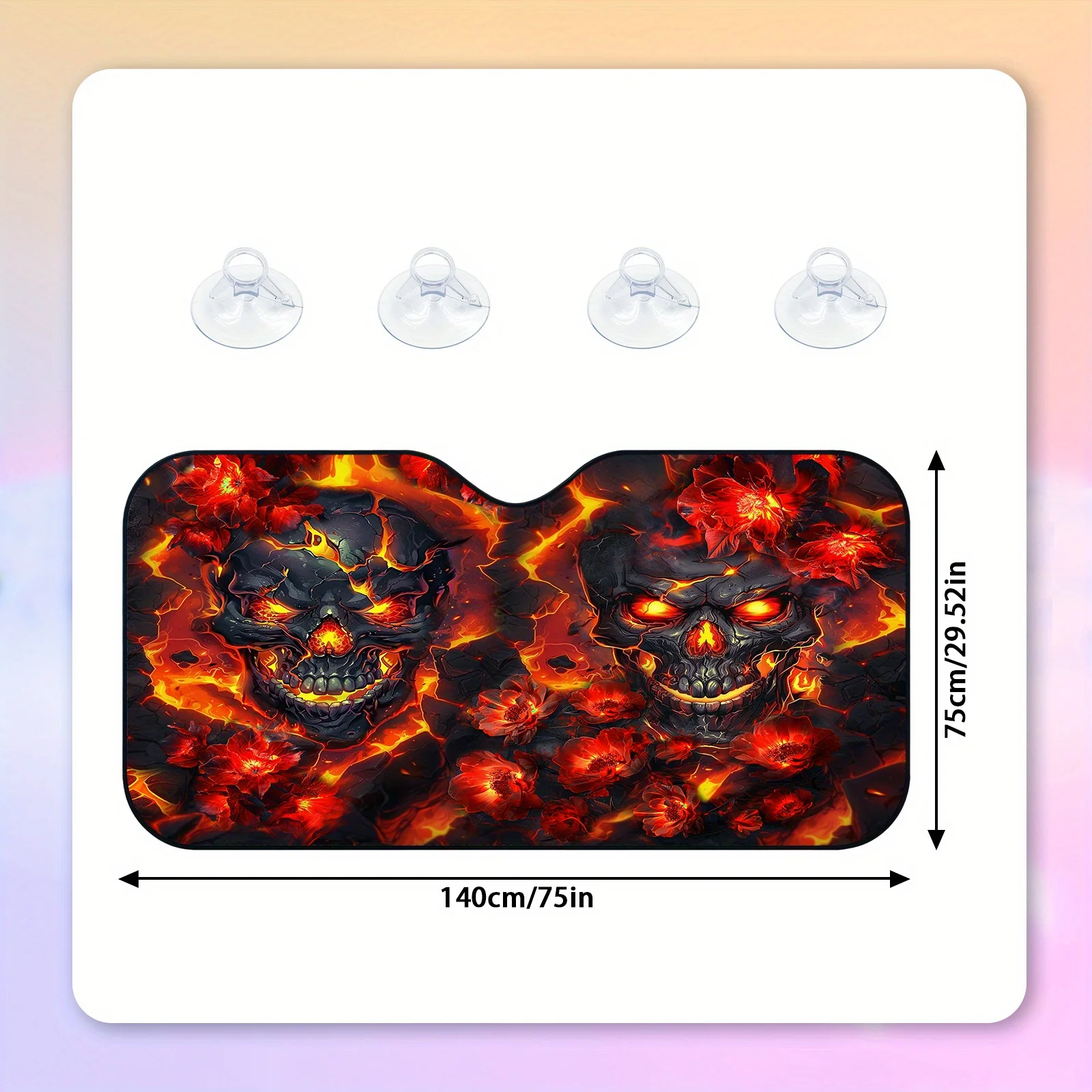Sunscreen, a Hot Skull Design Surrounded by a Red Flower, Car Sunshade, Foldable, Easy to Install, Universal, UV Protection And