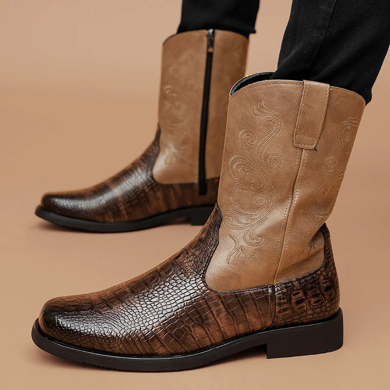 Autumn New Fashionable Men's Embroidered Chelsea Boots British Style Men Comfortable Splicing Side Zipper High Top Leather Boots