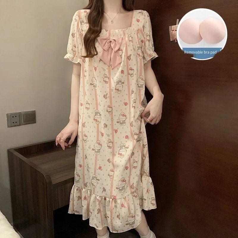 

Пижамная юбка Sanrio Hello Kitty для женщин, летнее платье-пижама, длинное платье с коротким рукавом, милая ночная юбка, домашняя одежда