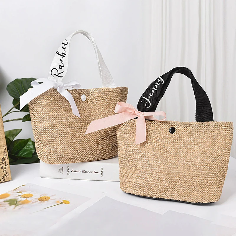 

Personalized Bridesmaids Mini Straw Totes Bag Jute Beach Bachelorette Party Favors Gifts with Name Summer Hand Women's Handbag