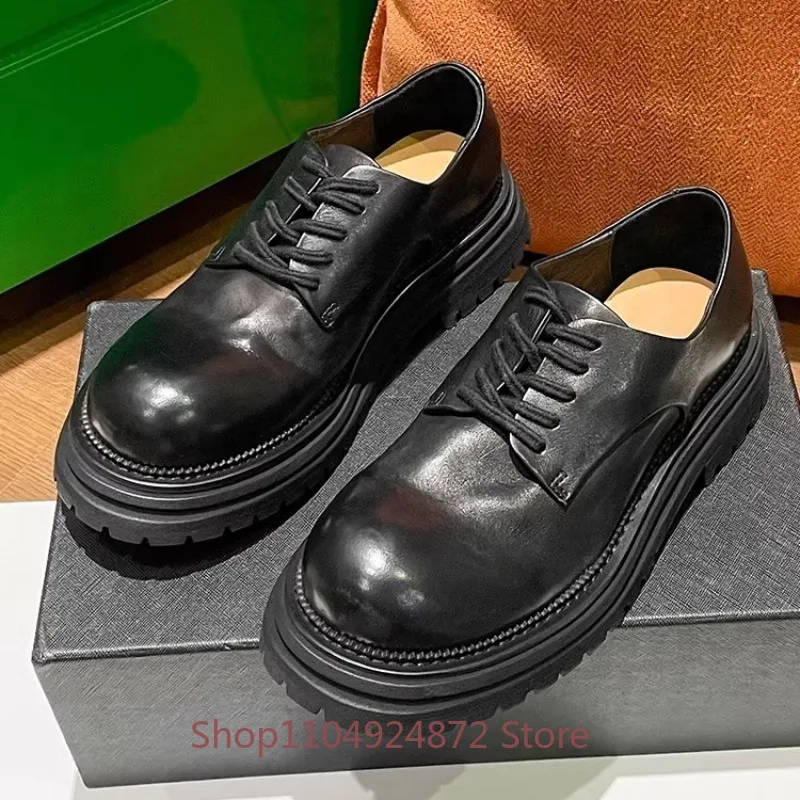 

High End Cowhide Derby Shoes Men's Spring Summer Genuine Leather British Style Thick Sole Round Toe Formal Leather Shoes Male
