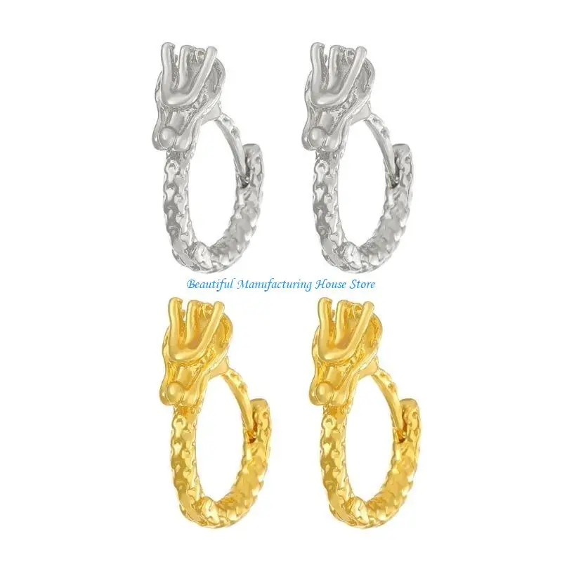 

E56A New Year Dragon Shaped Studs Earrings Fashion Metal Piercing Earrings Vintage Ear Studs Simple Hoop Earrings Jewelry Gift