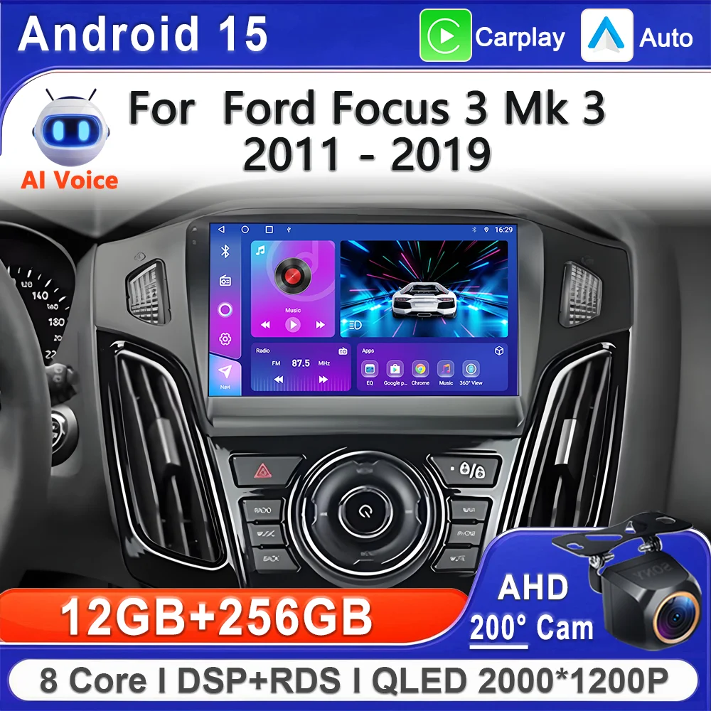 أندرويد 15 2K Incell شاشة الوسائط المتعددة لفورد فوكس 3 Mk 3 2011 - 2019 وحدة رأس ستيريو عالية الأداء وحدة المعالجة المركزية لتحديد المواقع والملاحة