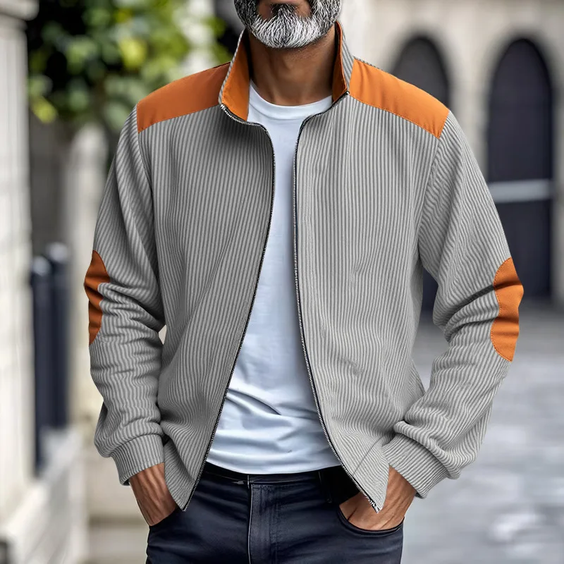 Herren Stehkragen Cordjacke, Farbblock-Design, Reißverschluss-Mantel, Retro, Locker Geschnitten, Lässig, Langarm, Herbst-Winter, Alltag, Streetwear – Detail 36