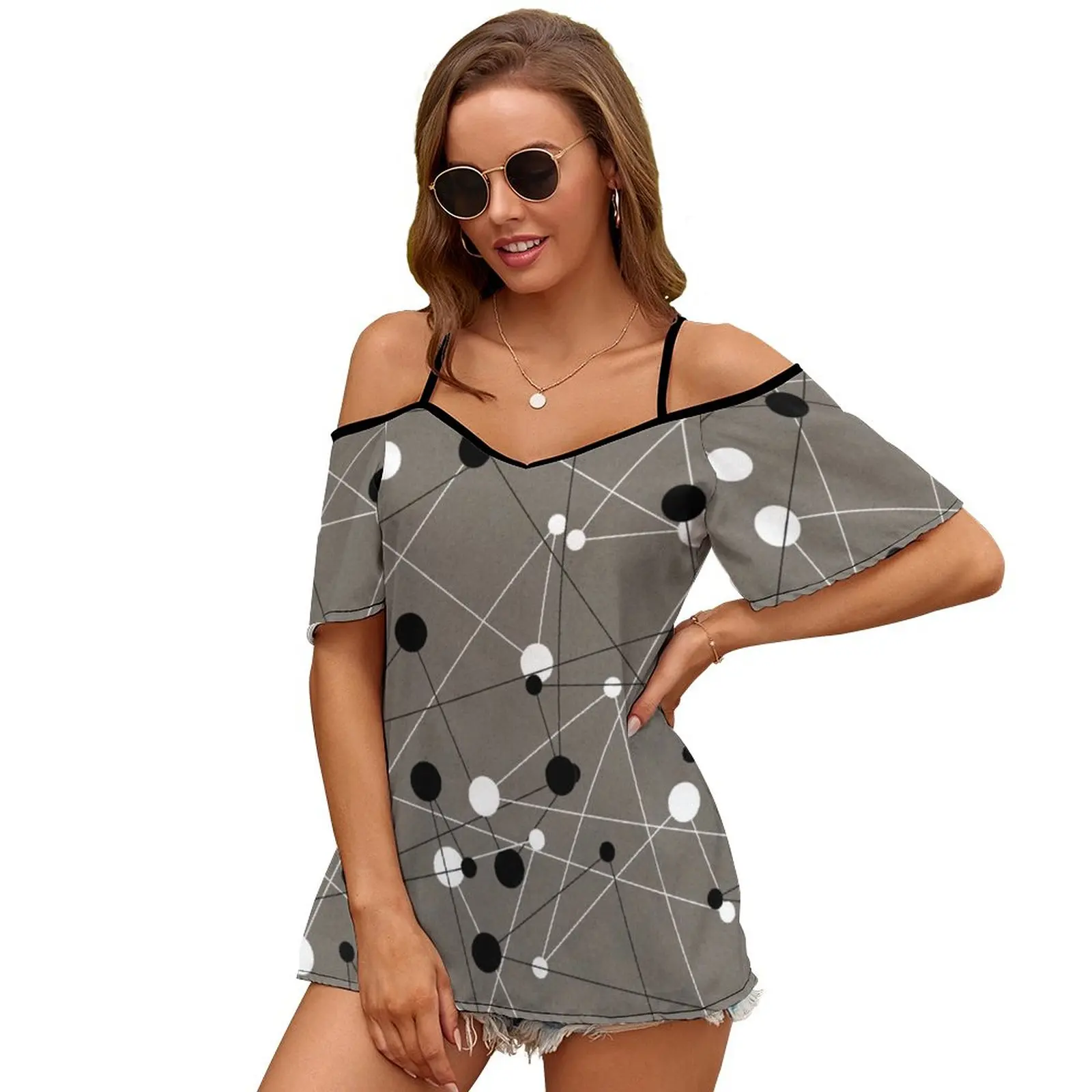 Complex 2228 Women Print T Shirt Casual Off Shoulder Loose Pullover Tops Fashion Clothes Lattice Molecule Molecular Complex