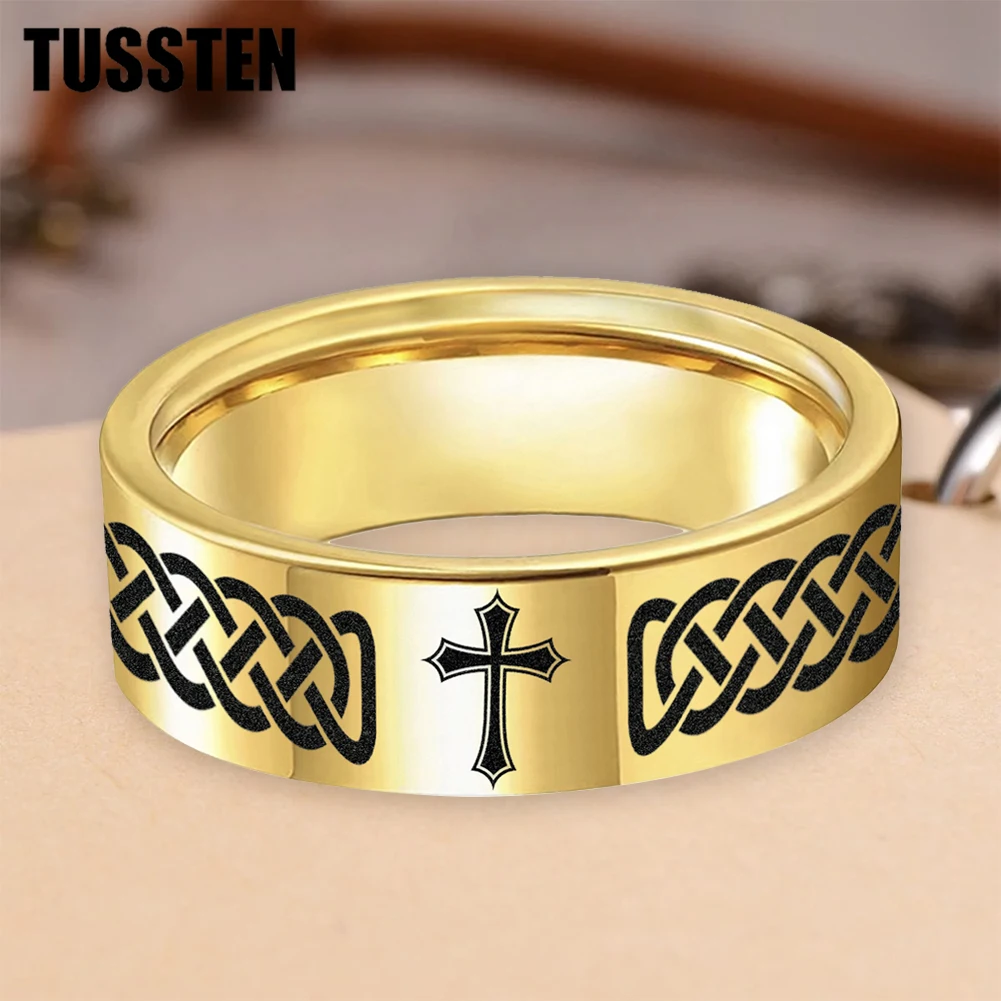 Dropshipping TUSSTEN 6/8MM Beveled Matte Tungsten Ring Laser Engraved With Cross For Comfortable Fit