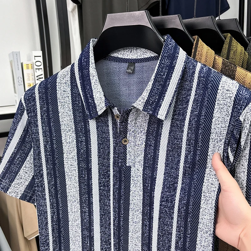Herren Strukturierte Vertikal Gestreifte Kurzarm-Poloshirts Lässige Business-Oberteile Atmungsaktiv Knitterfrei Sommerkleidung – Detail 12