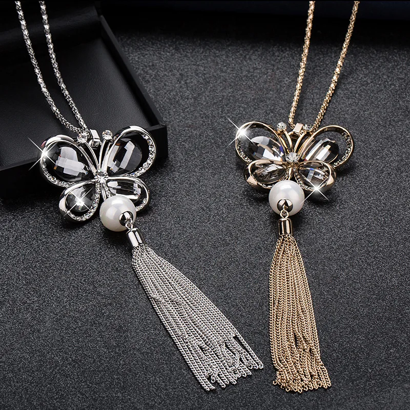 

New butterfly sweater chain long women's autumn and winter versatile tassel necklace sweater chain, necklace