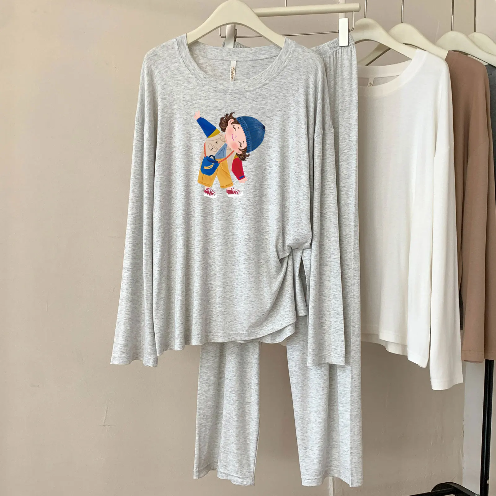 A85 Modal Pajamas Women's Spring and Autumn New Casual Round Neck Long Sleeve Plaid Breathable Homewear Set