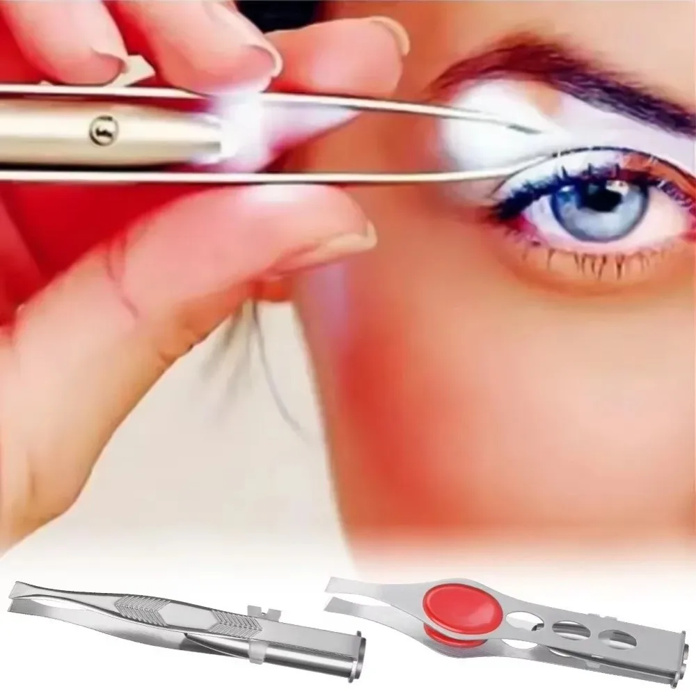 Pinzette per sopracciglia a LED in acciaio inossidabile Bocca angolare con clip per tagliare le sopracciglia leggera Rimozione inclinata Piegaciglia per ciglia finte da donna