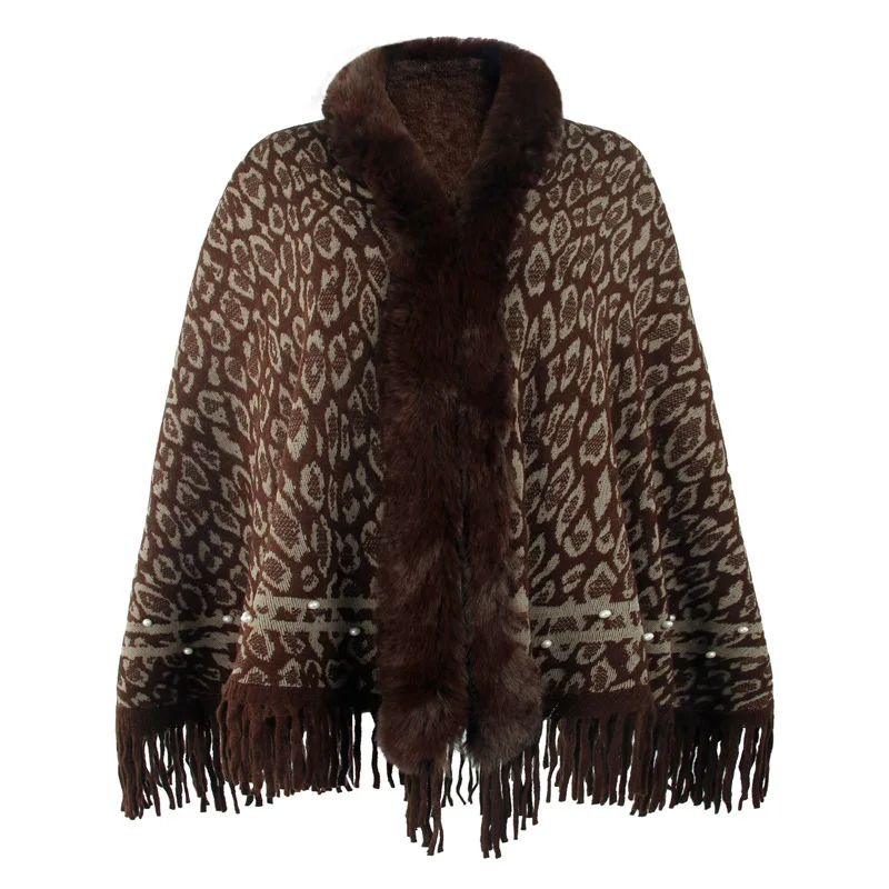 

Fur Collar Winter Shawls And Wraps New leopard cape coat Womens Winter Lady Ponchos Capes Cardigan Cloak Coffee