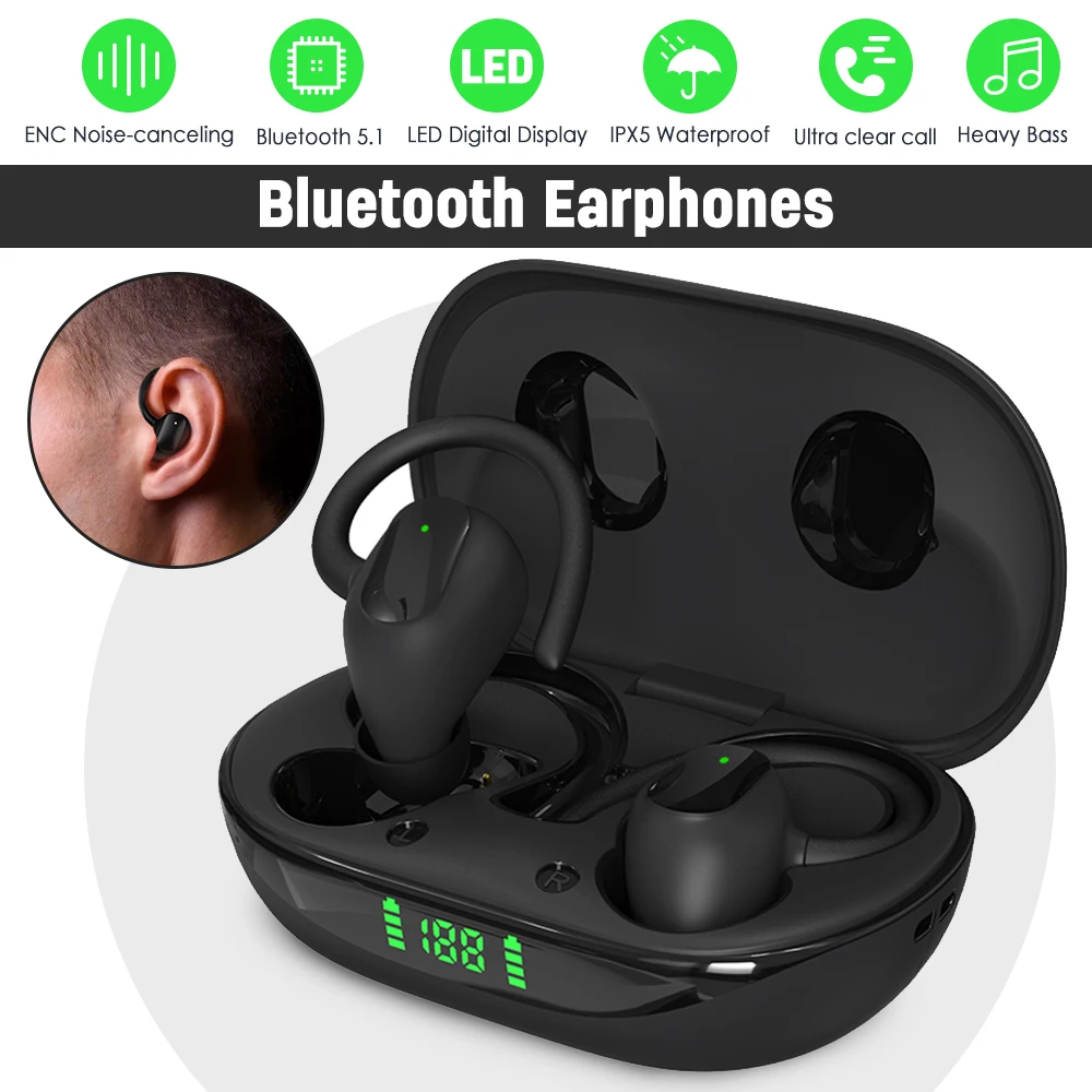 Thể Thao ENC Bluetooth 5.1 Không Dây Móc Tai Với Sạc Bass Nặng HiFi Stereo Chống Nước 100 Giờ Thời Gian Chờ Tai Nghe Nhét Tai
