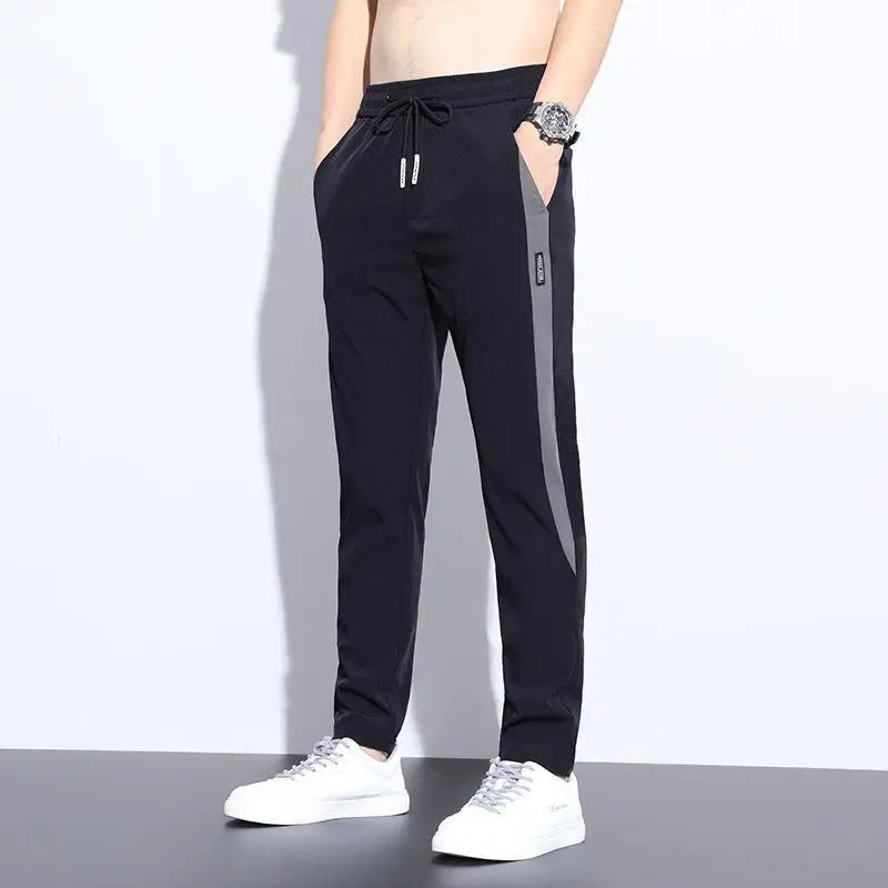 

New Summer Thin Ice Silk Men's Casual Pants Large Size Straight Leg Patchwork Workwear High Waist Youthful Energy Sle
