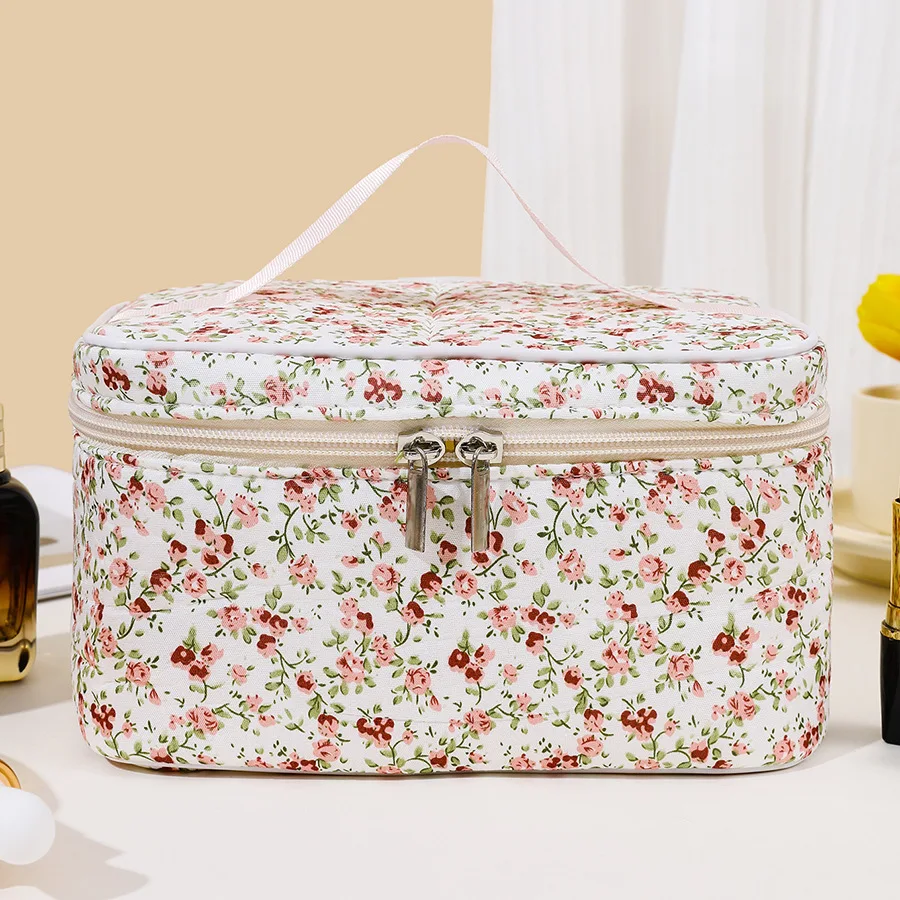 Portable Travel Storage Wash Bag Cotton Cosmetic Pouch Floral Pattern Capacity Cosmetic Bag Dual Zipper Makeup Organizer