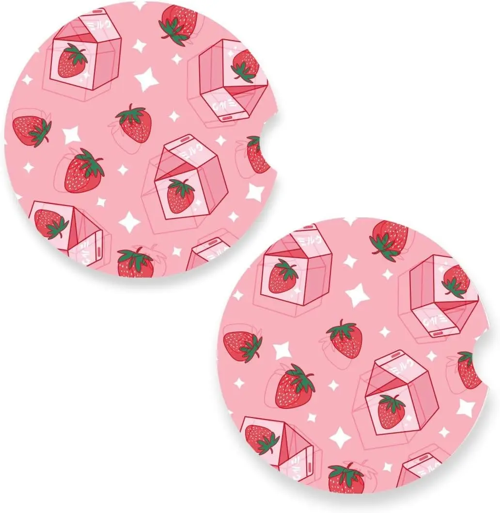 

Strawberry Milk Car Coaster for Cup Holders 2.56in Ceramic Stone Drink Coaster Set of 2 Pack