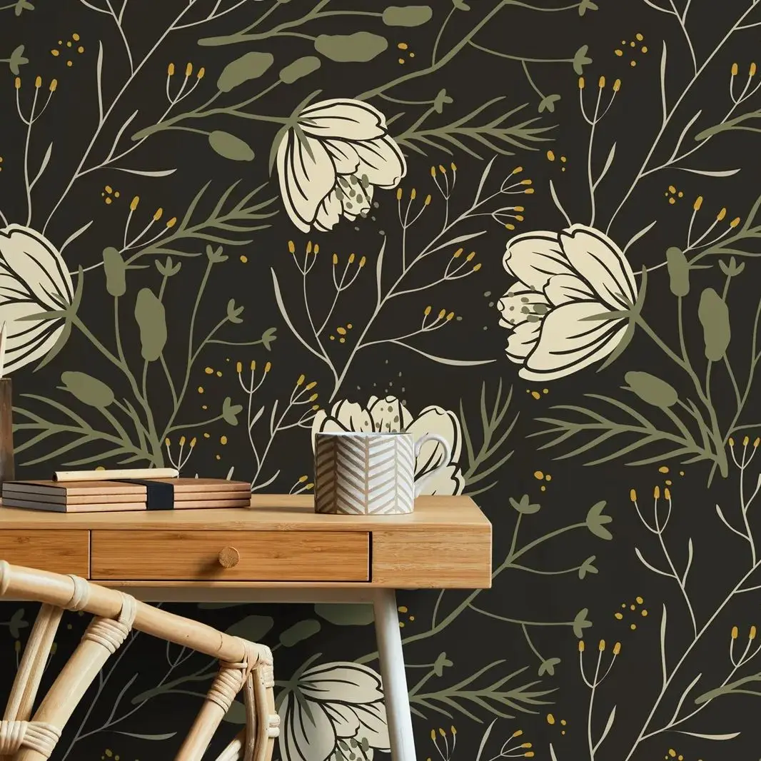 Dark Floral Scandinavian Wallpaper, Peel and Stick Wallpaper Mural Wallpaper For Home Decor Wall Art Wall Decoration,50cm *300cm