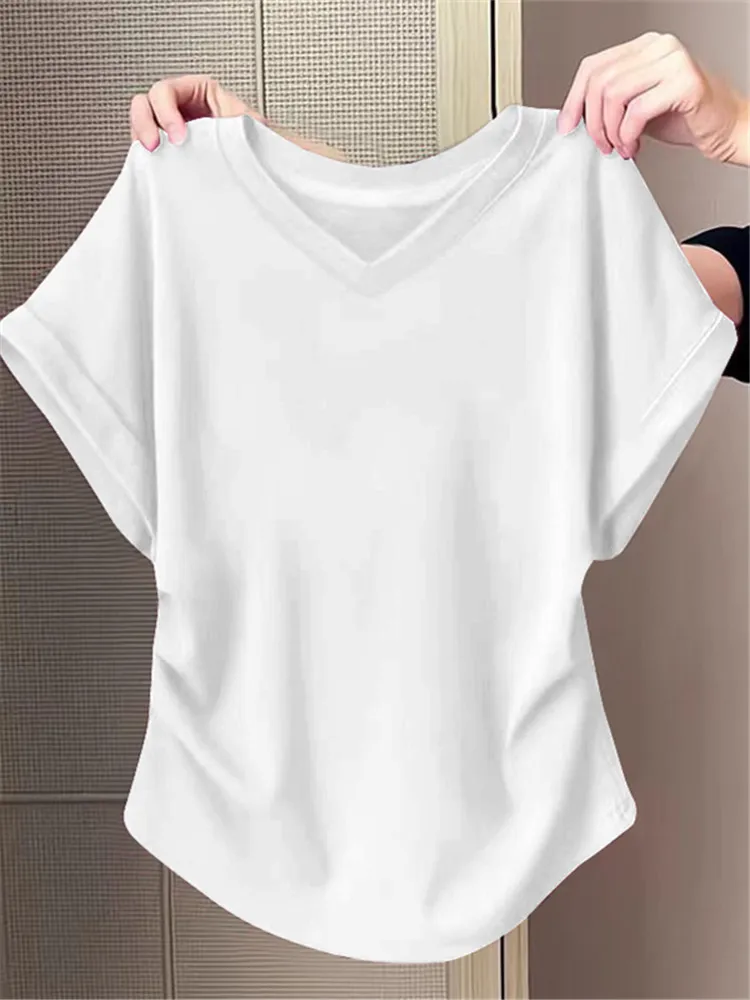 

Slim Fit Cotton V-Ne ort Sve T-irt Women's Summer Arc Hemline Waist-Cinching Vintage American Sle Pure Cotton Top