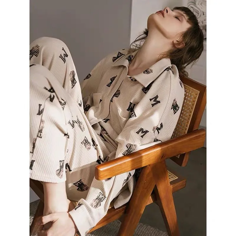2023 New Korean Version Cotton Pajama Women Spring Autumn Long-sleeved Loungewear Cardigan Cute Nightwear Loose Homewear Set