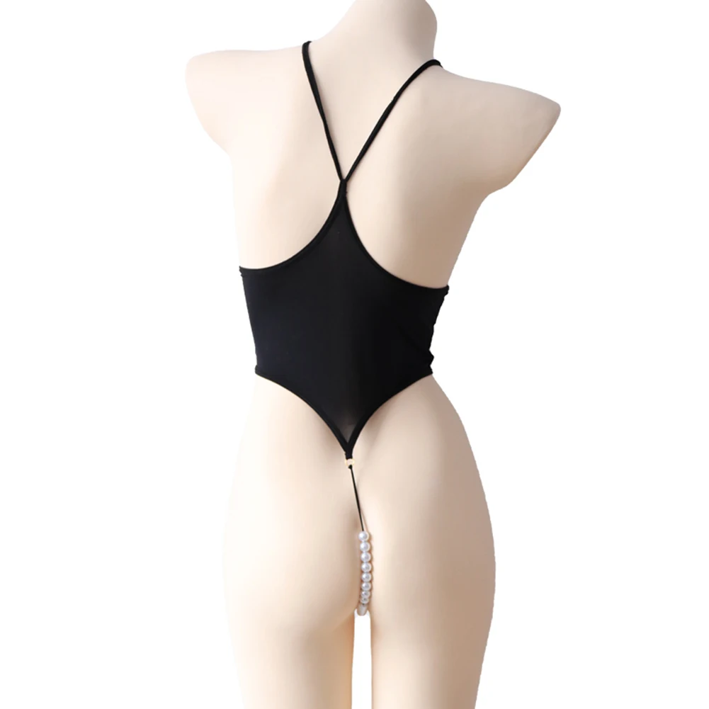 

Womens Sexy Lingerie See Through Ice Silk Bodysuit Pearls Thin Straps Hollow Breathable Leotard Intimate Lingerie Flirting