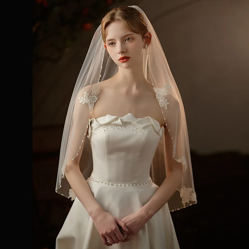 

V752 Super Fairy Lace Bridal Veil French Style Single Layer Short White Handmade Beaded Wedding Headpiece