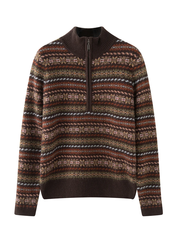 TLOML Women's 100% Cashmere Sweater Mock Neck Half Zipped Vintage Jacquard Knitwear Pullover Autumn Winter Thicken Cashmere Tops