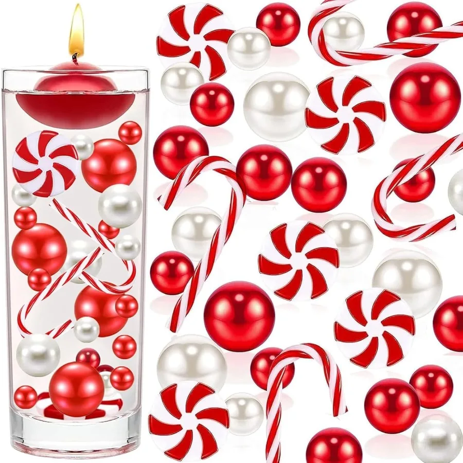 

Christmas Vase Filler 3091 PCS Red White Vase Filler Beads Faux Candy Cane Christmas Vase Filler for Holiday Party Decor