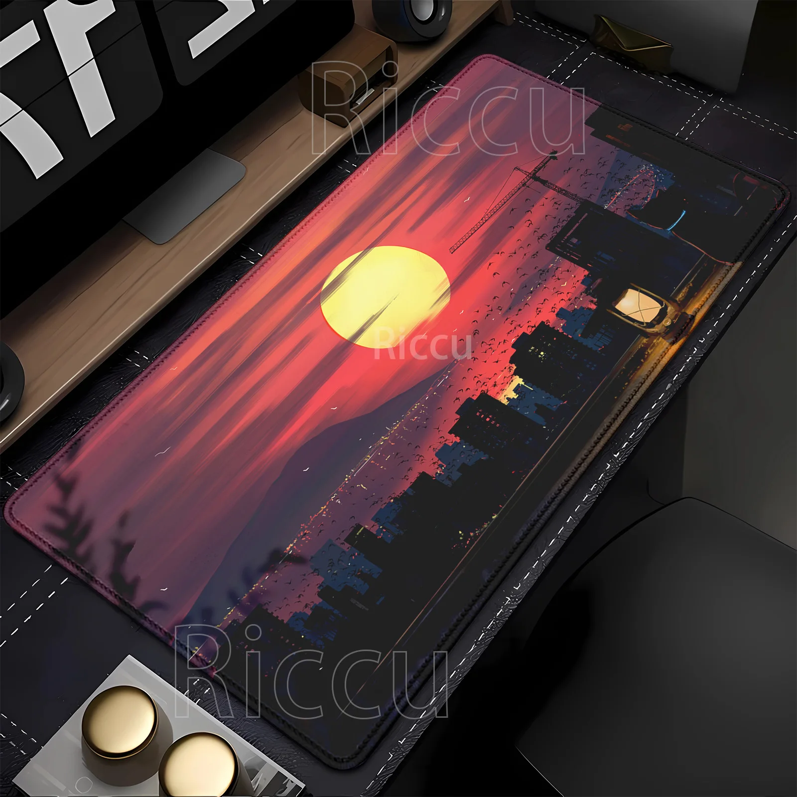 HD-Druck-Gummi-Mauspad, Landschaft, Berg, Sonnenuntergang, Cartoon-Mauspad, XXL-PC, Computer, rutschfester Teppich, 900 x 400 mm, Schreibtischunterlage