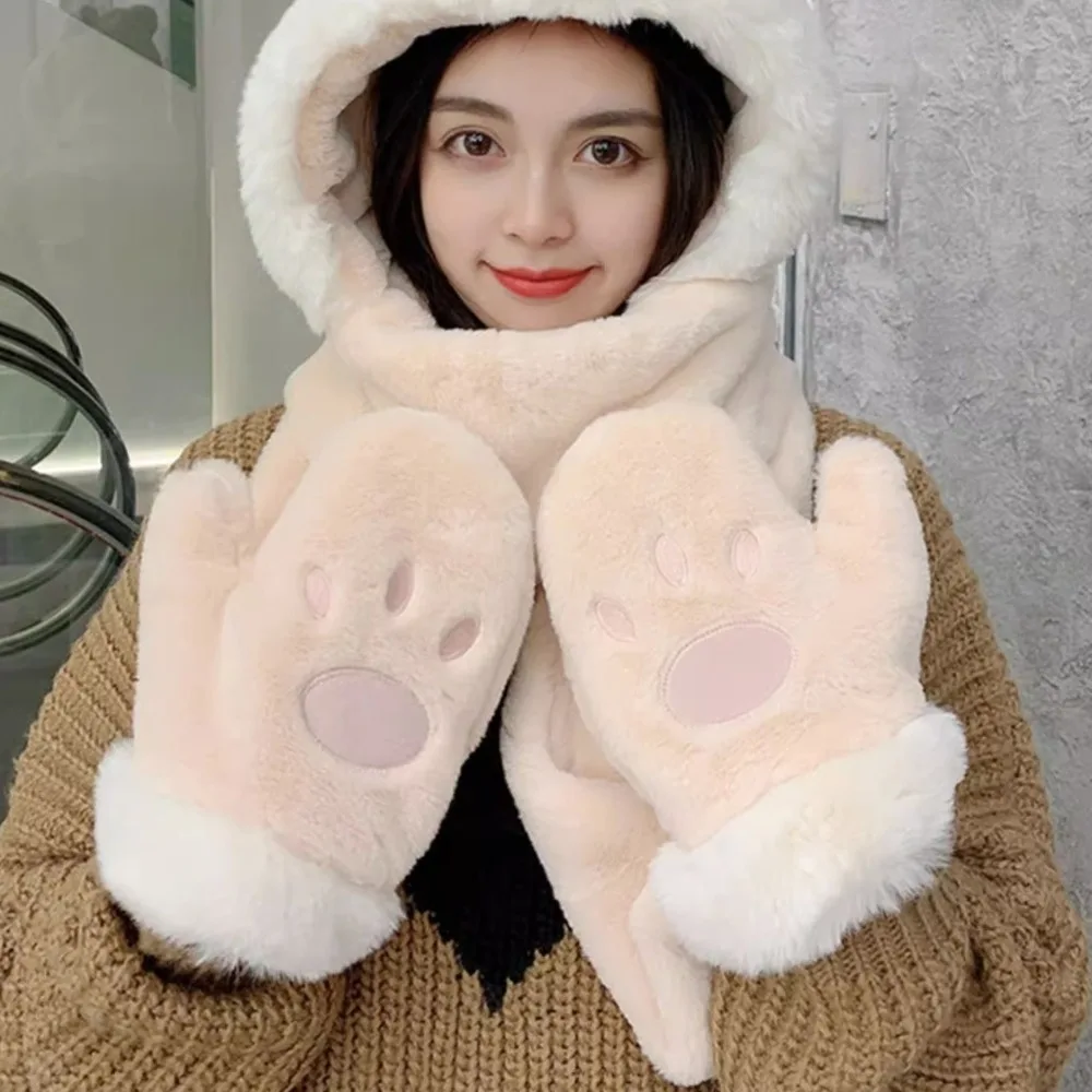 Integrierte Mütze in Hasenohrform, Schal, Handschuhe, winddicht, weicher Plüsch, Beanie-Mütze, Schal, warme Verdickung, Gehörschutz-Kappe für Damen