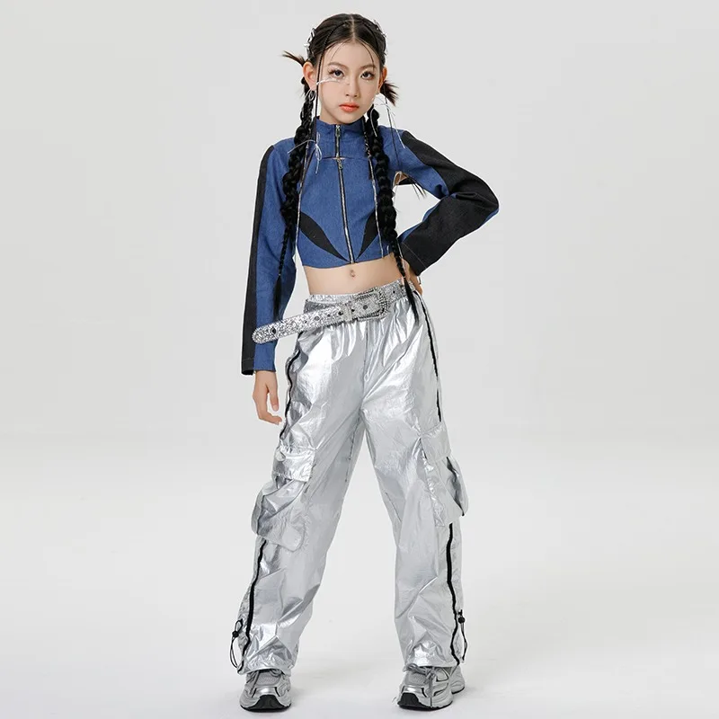 Kid Cool Hip Hop Clothing Black Faux Leather Jacket Crop Top Silver Casual Wide Cargo Pants for Girls Jazz Dance Costume Clothes