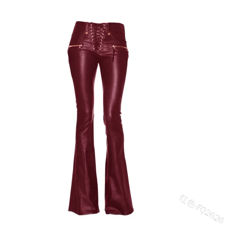 2023 New Women Leather Pants Punk Rock Sexy Bandage Motorcycle Leather Pants Tight High-waist Lace Up Bodycon Flare Trousers