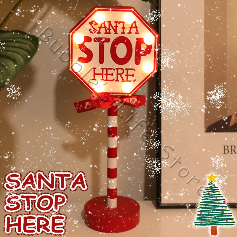 

2024 Christmas Retro Lamp Santa Decoration Led Warm Light Stop Here Street Sign North Pole Wooden Bedside Lamp Xmas Home Decor