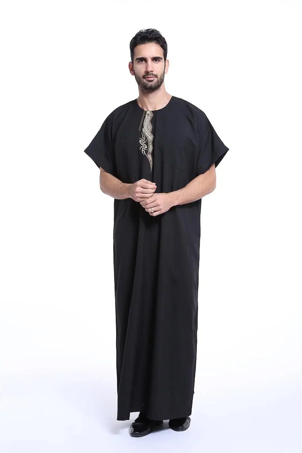 Islamic Saudi Robe Kaftan Thawb Men Muslim Crew Neck Embroidery Dubai Long Abaya Ramadan Thobe Arabia Short Sleeves Dress Caftan