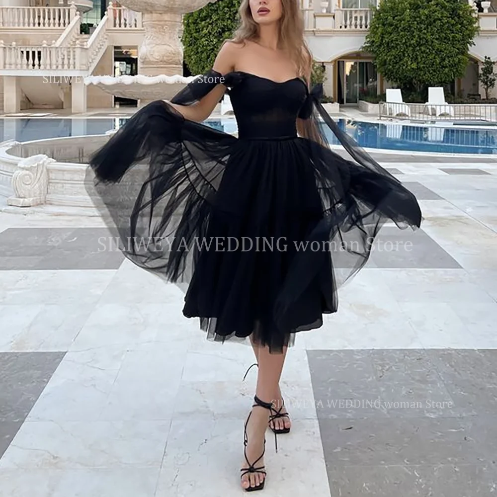 Fashion Black Prom Dresses Classy Off The Shoulder Tea-Length Tull Ball Gown Cocktail Formal Social Dance Party Female Dresses