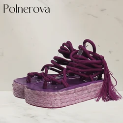 Platform Rope Sandals Tassel Lace Up Summer Shoes Flip Flop Sandals Designer Style Round Toe Shoes for Women Purple Green Beige