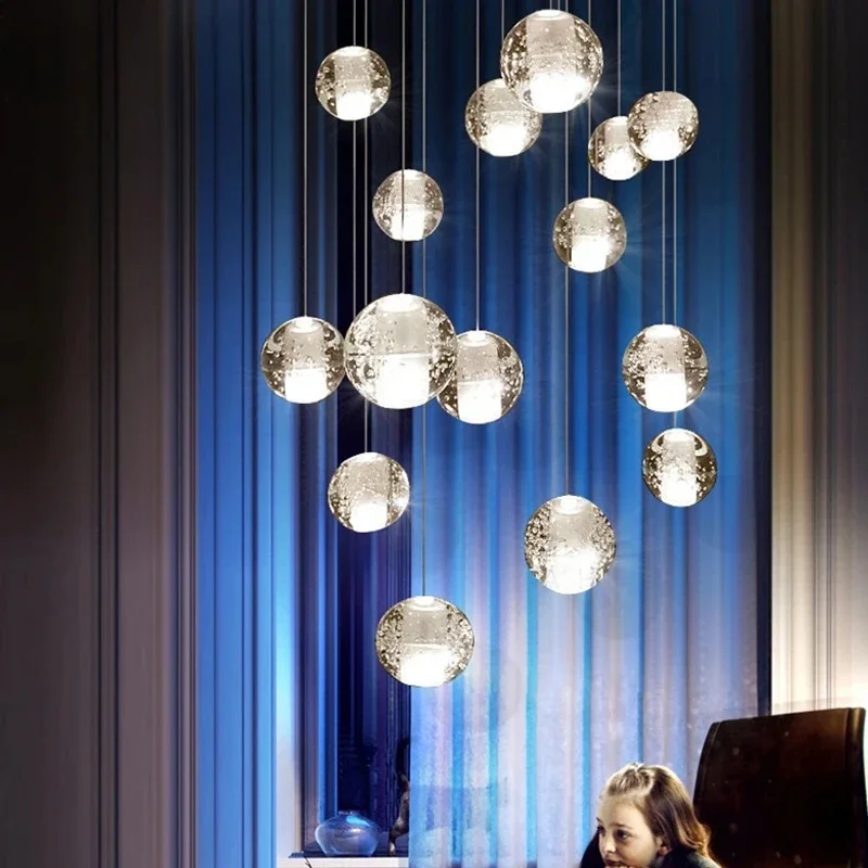 Dropshipping Staircase Pendant Lights Long Cable Hanging crystal glass ball droplight for Restaurant Bar Indoor Decorative
