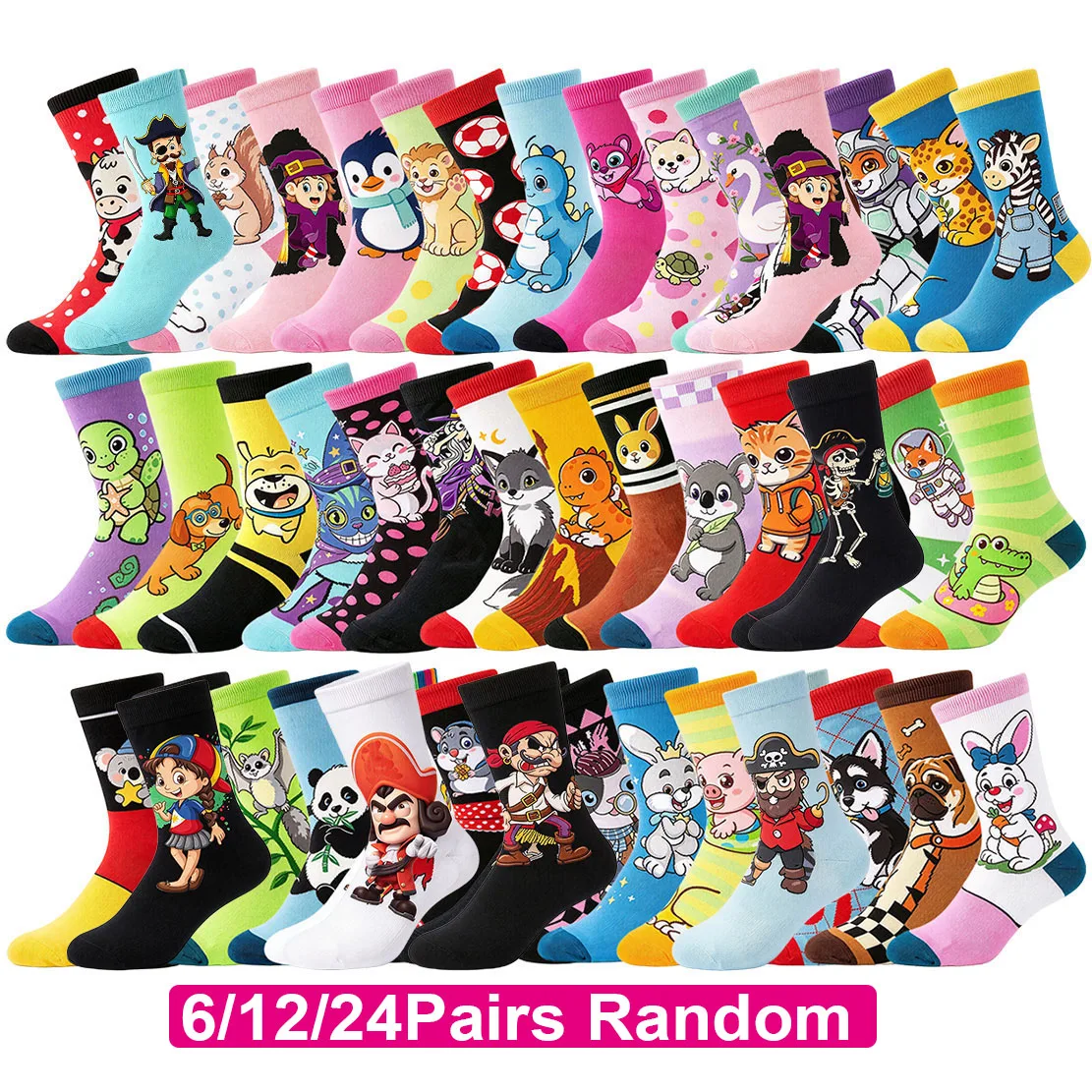 6/12/24Pairs Random Unisex Anime Cartoon Crew Socks, Novelty Gamer Socks, Cute Dog Cat Rabbit Bear Flamingo Sloth Holiday Socks
