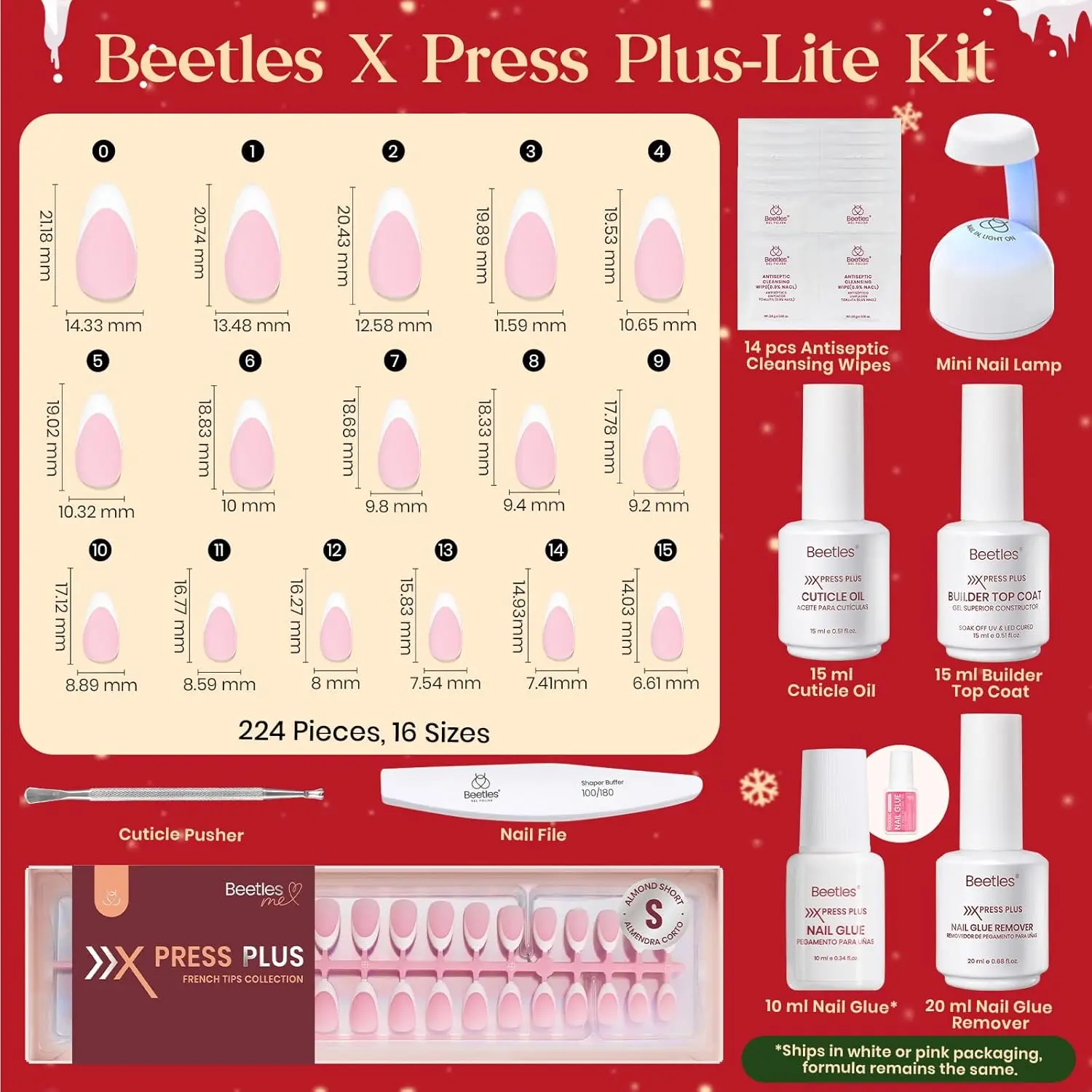 Krótki zestaw paznokci sztucznych w stylu french press-on, kształt migdałek, z 224 tipsami, klejem, płynem do usuwania, top coatem i mini lampką - prezent do samodzielnego manicure