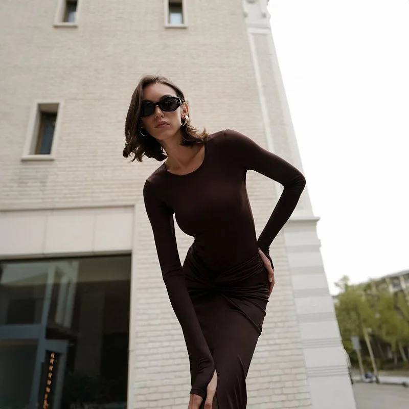 Elegant Vintage Women Dress Sets O Neck Long Sleeved Bodysuit Ruched Skirts Slim Fit Evening Party Autumn Women 2 Piece Sets 