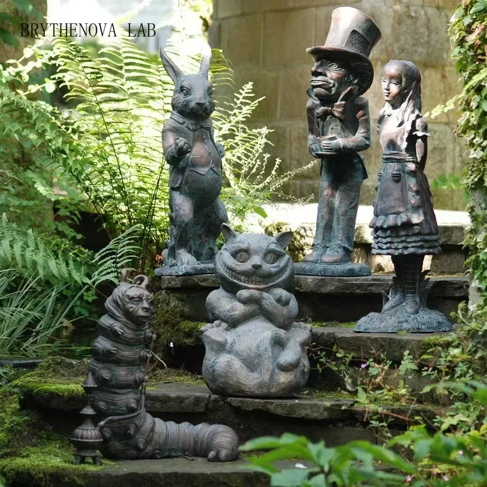New Alice in Wonderland Garden Statue Caterpillar Rabbit Cheshire Sculpture Cat Resin Crafts Indoor Outdoor Home Decoration Gift